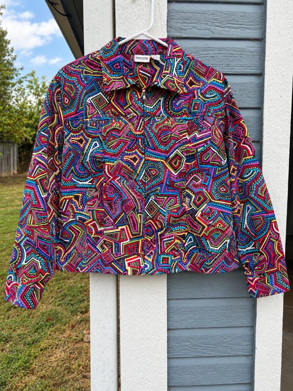 Chico's Multicolor Geometric Zip Front Collared Pocket Jacket Long Sleeve 2